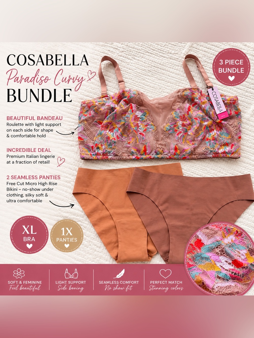Cosabella Paradiso Curvy Bandeau Bra XL + 2 Bikini Panties 1X Bundle